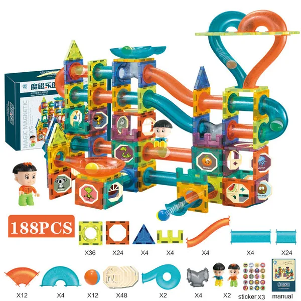 Educational Magnetic Building Blocks 188PCS of Marble Run Tr